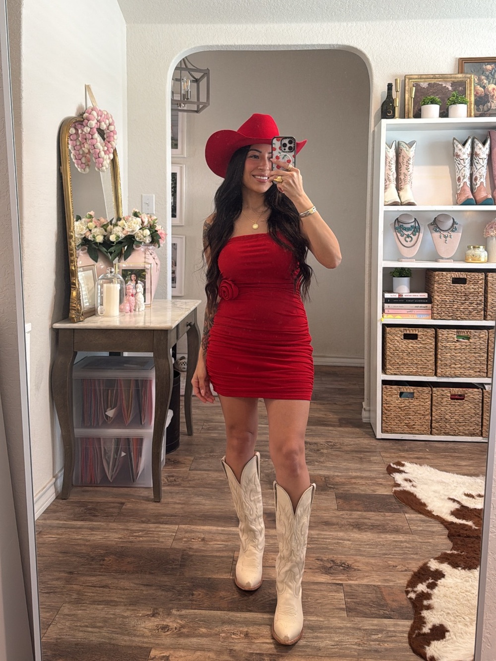 Lucky & Blessed Red Ruched Strapless Rose Detail Dress
